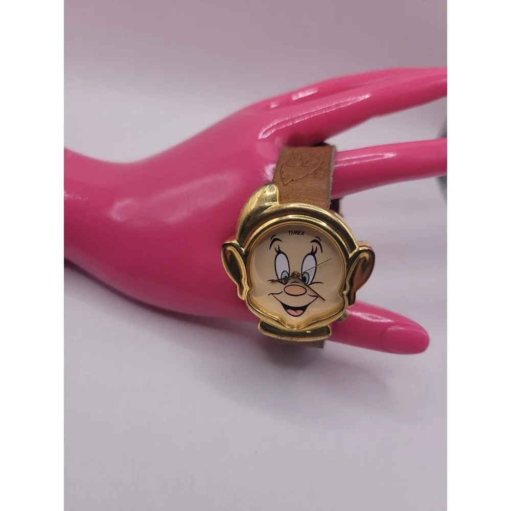 Vintage Disney Dopey Timex Watch Snow White Seven Dwarfs Gold Tone Leather